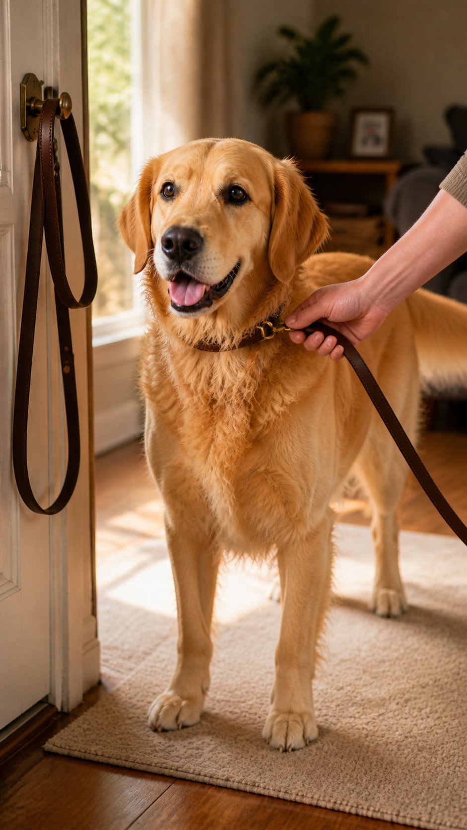 Happy golden retriever ready for a walk